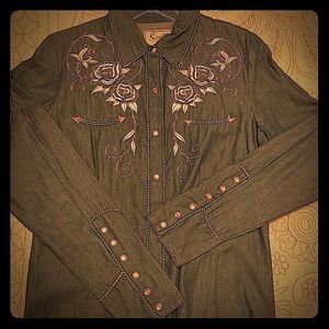 Western denim, pearl snap shirt.